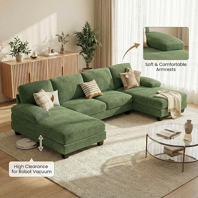 Homall Modular Sectional U Shaped Sofa Couches for Living Room, Comfy Corduroy 4 Seat Sofa Set with Removable Pillows, Lounge Chaise Upholstered Couch for Apartment (Corduroy, Dark Green)