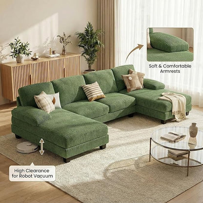 Homall Modular Sectional U Shaped Sofa Couches for Living Room, Comfy Corduroy 4 Seat Sofa Set with Removable Pillows, Lounge Chaise Upholstered Couch for Apartment (Corduroy, Dark Green)