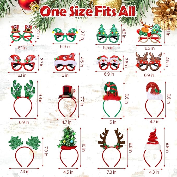 Aodaer 16 Pcs Christmas Party Favors, Christmas Glasses and Headbands Ornaments, Xmas Head Boppers and Glitter Eyewear Costume Accessories for Xmas Party Supplies & Photo Booth