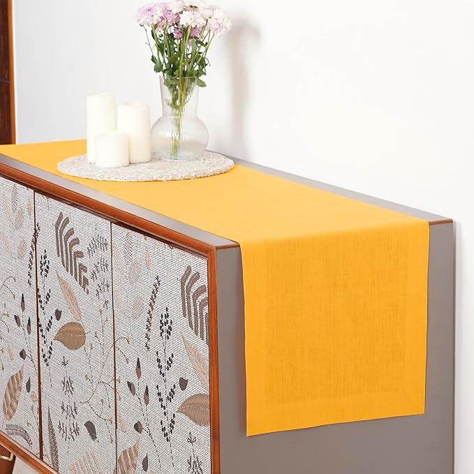 D'Moksha Homes Linen Table Runner 36 Inches - 100% Pure Linen Sunflower Yellow Small Table Runner 14 x 36 Inch for Dresser, Coffee Tables, Winter, Christmas, Holiday-Machine Washable