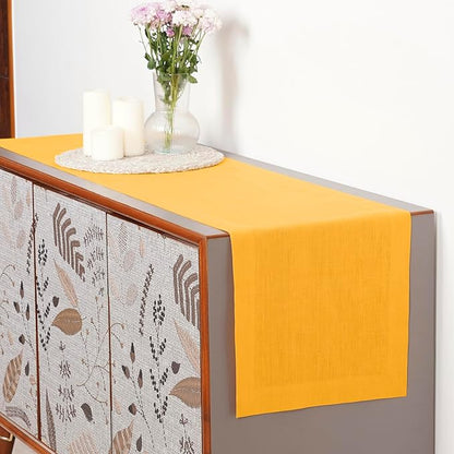 D'Moksha Homes Linen Table Runner 54 Inches - 100% Pure Linen Sunflower Yellow Table Runner 14 x 54 Inch for Dresser, Coffee Tables, Winter, Christmas, Holiday - Machine Washable