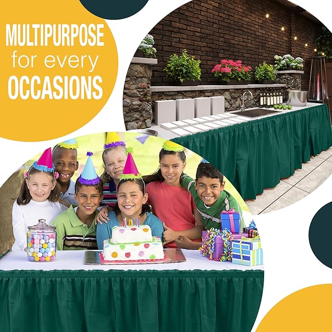Exquisite Ruffle Table Skirt Dark Green 12 Pack 14 Ft Long Table Skirts for Rectangle Tables 6ft Plus or Round Tables Skirts with Adhesive Strip for Gender Reveal Decor & Happy Birthday Parties