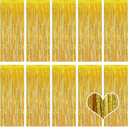 10 Pack Gold Backdrop Curtain 3.2ft x 8.2ft Metallic Tinsel Foil Fringe Curtains Photo Booth Background for Birthday Party Decoration Baby Shower Engagement Wedding Christmas Decoration (Gold)