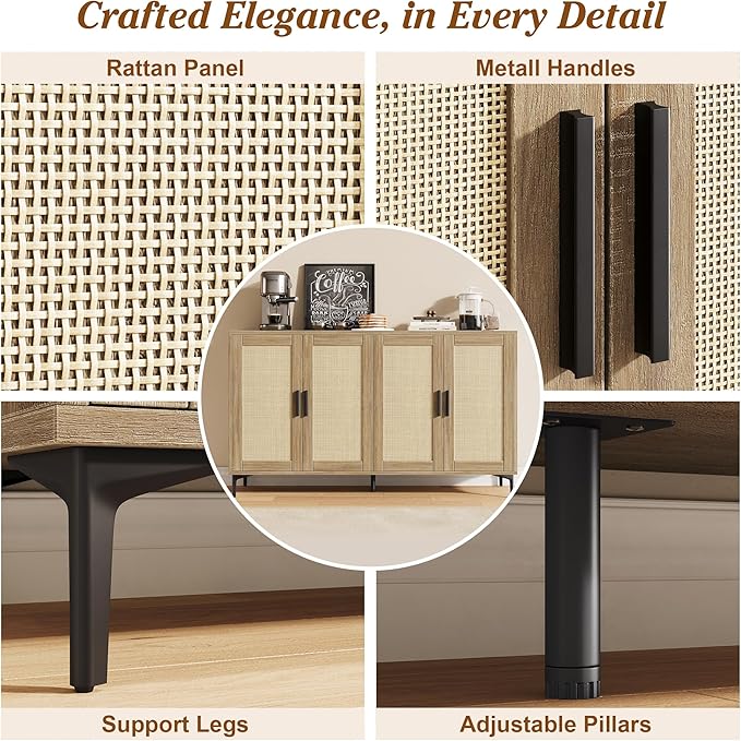 JASIWAY Buffet Cabinet with Storage, 48" Rattan Sideboard with Adjustable Shelves, Modern Coffee Bar Cabinet Console Table with Doors, Credenza for Kitchen, Living Room, Entryway, Dining Room, Wood