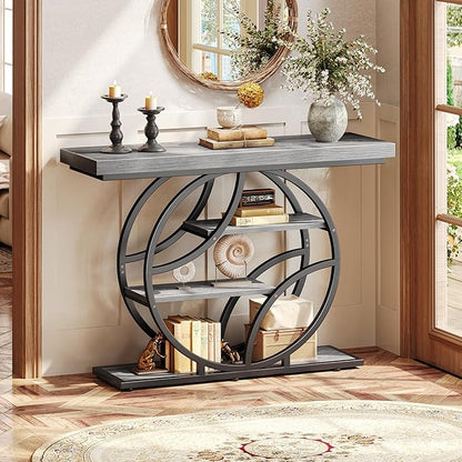 Huuger 41.3 Inch Entryway Table, Modern Console Sofa Table, Accent Table with Shelves, for Entry, Hallway, Entrance, Foyer, O-Shaped Metal Frame, Light Grey