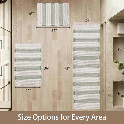 Waffle Bath Mat Non Slip, Boho Bathroom Rug, Super Absorbent Quick Dry Bathroom Mat, Soft Farmhouse Bath Rug with Tassels, Small Washable Shower Mats for Floor 16"x24", White and Green