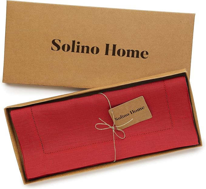 Solino Home Linen Red Table Runner 48 Inches - Classic Hemstitch, 100% Pure Linen Coffee Table Runner 14 x 48 Inch Ideal for Dresser Tables - Christmas, Holiday, Winter, New Year