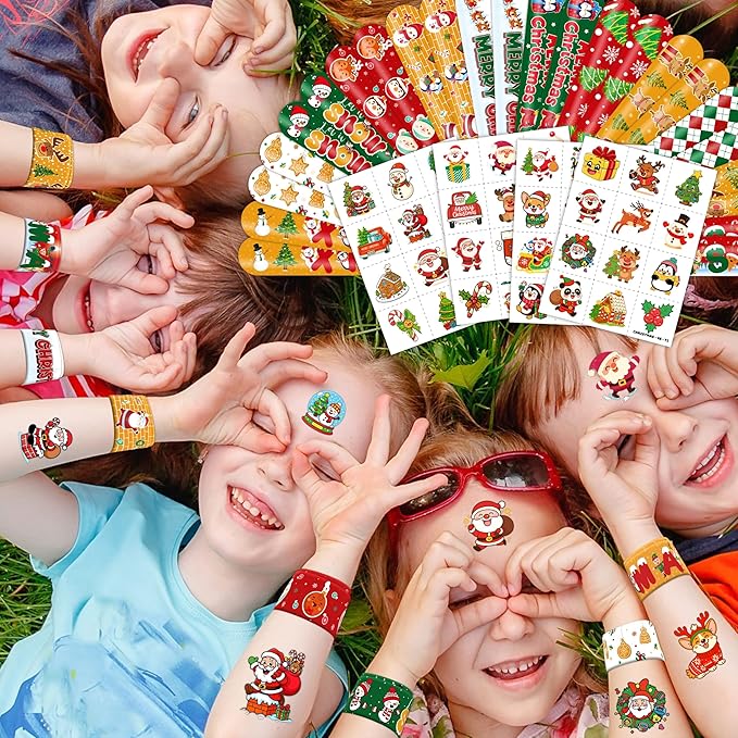 72PCS Christmas Party Favors Set - 48 Christmas Tattoos + 24 Slap Bracelets | Fun Xmas Gifts for Kids Boys Girls | Classroom Rewards, School Prizes, Holiday Goodie Bag Toys