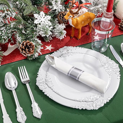 Liacere 350PCS Silver Plastic Plates&Pre Rolled Napkins for 50 Guests - Plastic Dinnerware Sets 100Silver Disposable Plates, 150Silver Silverware, 50Cups and 50Napkins for Wedding