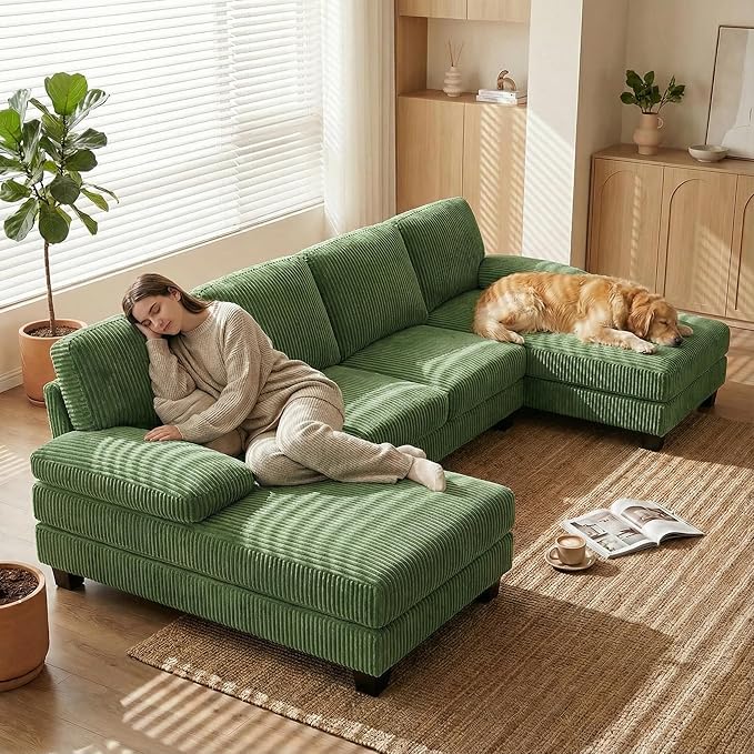 Homall Modular Sectional U Shaped Sofa Couches for Living Room, Comfy Corduroy 4 Seat Sofa Set with Removable Pillows, Lounge Chaise Upholstered Couch for Apartment (Corduroy, Dark Green)