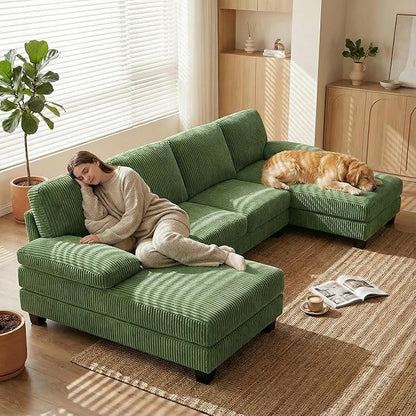 Homall Modular Sectional U Shaped Sofa Couches for Living Room, Comfy Corduroy 4 Seat Sofa Set with Removable Pillows, Lounge Chaise Upholstered Couch for Apartment (Corduroy, Dark Green)