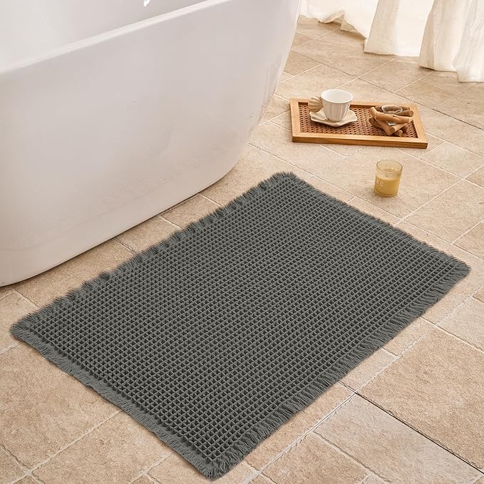 Waffle Bath Mat Non Slip, Boho Bathroom Rug, Super Absorbent Quick Dry Bathroom Mat, Soft Farmhouse Bath Rug with Tassels, Small Washable Shower Mats for Floor 16"x24", Dark Grey