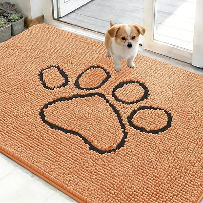 OLANLY Dog Door Mat for Muddy Paws 48x30, Paw Print Design, Absorbs Moisture and Dirt, Absorbent Non-Slip Washable Doormat, Quick Dry Chenille Mud Mat for Dogs, Entry Indoor Entryway Carpet, Orange
