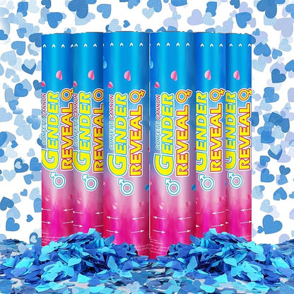 Gender Reveal Confetti Cannons – 6 Pack Blue Party Poppers – Baby Boy Gender Reveal Cannon Kit with Heart-Shaped Confetti – Easy Twist Shooters for Baby Reveal Party Decorations