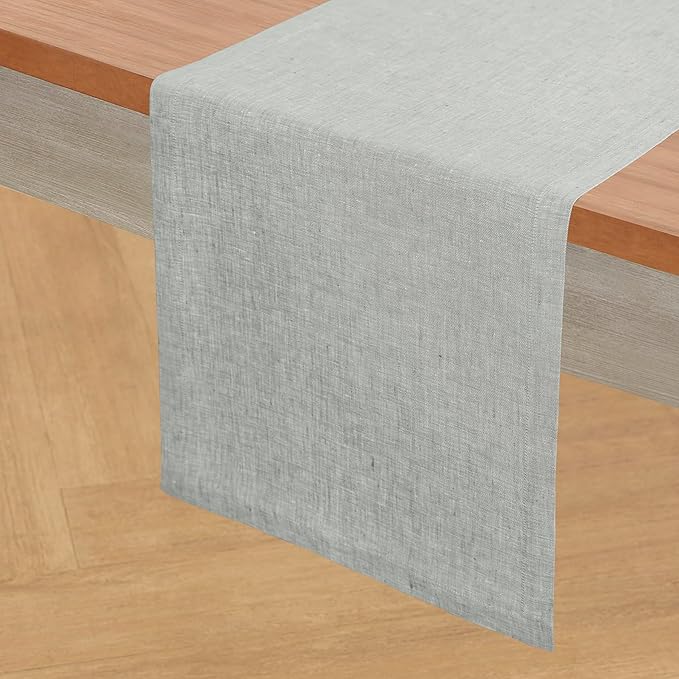 Solino Home Linen Table Runner 108 Inches Long - Athena, 100% Pure Linen Chambray Grey Table Runner 14 x 108 Inch for Dining, Fall, Autumn