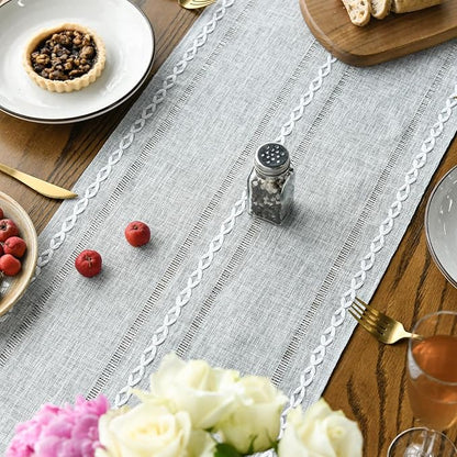 Artoid Mode Grey Rustic Cotton Linen Table Runner, Seasonal Embroidered Hollow Kitchen Dining Table Decoration for Home Party Decor 13x108 Inch