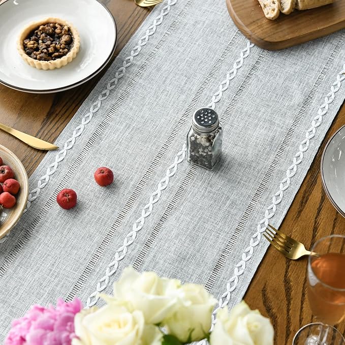 Artoid Mode Grey Rustic Cotton Linen Table Runner, Seasonal Embroidered Hollow Kitchen Dining Table Decoration for Home Party Decor 13x60 Inch