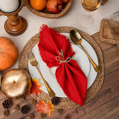 Blue Needles Handmade Cotton Linen Cloth Napkins with Fringes - Set of 6 Red Dinner Table Napkins 18x18 Inch Hemmed Edges Washable, Soft, Reusable, Perfect for Fall Thanksgiving & Family Dinner