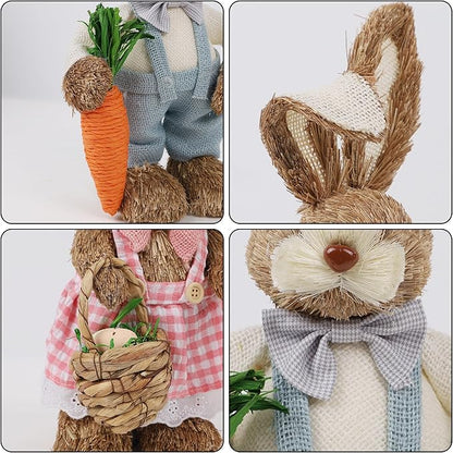 DR.DUDU Set of 2 Easter Decorations for Home- 14" Sisal Bunny Figurines with Carrot & Egg, Spring Straw Bunny Couple Farmhouse Centerpieces for Tables, Easter Rabbits Decor