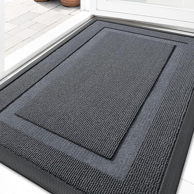 OLANLY Front Door Mat Indoor Outdoor Entrance, Waterproof All-Season, All-Weather Doormat, Sturdy Natural Rubber, Low Profile, Easy Clean Patio Porch Entryway Mat, 47x23, Charcoal Gray