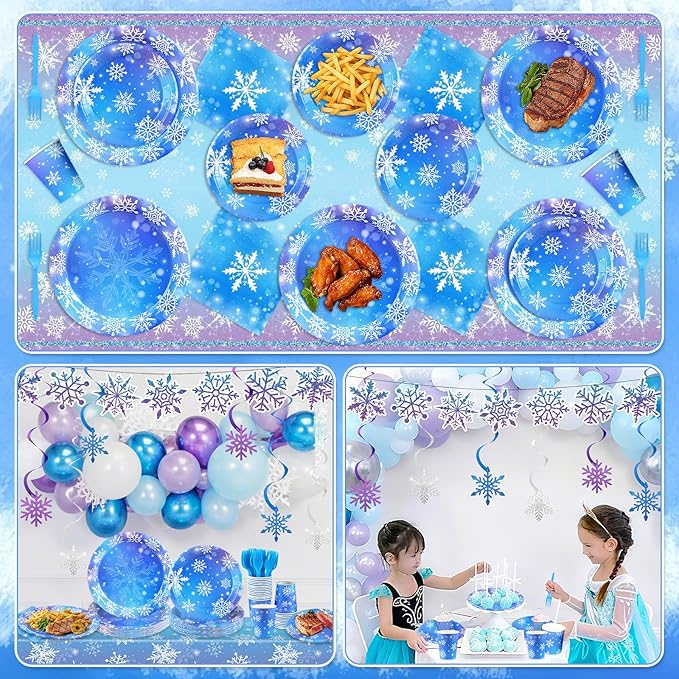 Winter Birthday Party Decorations Serve 24, Snowflake Winter Wonderland Decorations Disposable Tableware Includes Paper Plates Napkins Tablecloth for Christmas Winter Holiday New Year Birthday Party
