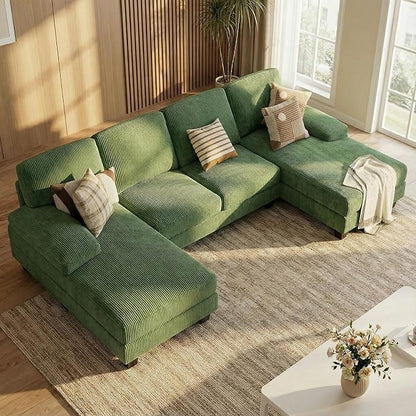 Homall Modular Sectional U Shaped Sofa Couches for Living Room, Comfy Corduroy 4 Seat Sofa Set with Removable Pillows, Lounge Chaise Upholstered Couch for Apartment (Corduroy, Dark Green)