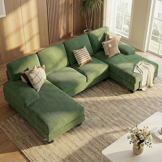 Homall Modular Sectional U Shaped Sofa Couches for Living Room, Comfy Corduroy 4 Seat Sofa Set with Removable Pillows, Lounge Chaise Upholstered Couch for Apartment (Corduroy, Dark Green)