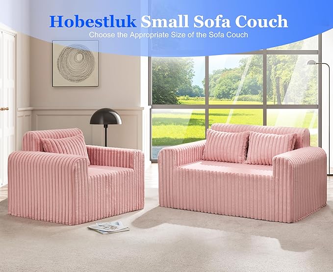 Hobestluk Couch Sofa 2-Seater Foam Sofa Loveseat for Small Spaces Comfy Sofas with Removable Cover Furry Couch with Pillows for Living Room, Bedroom, Apartment, Office (Pink, Loveseat)
