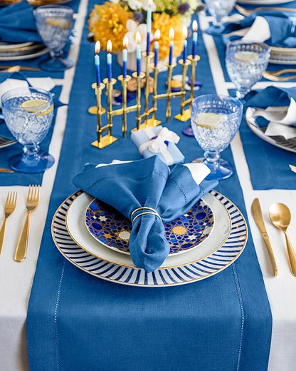 Solino Home Linen Table Runner 108 Inches Long - 100% Pure Linen Indigo Blue Table Runner 14 x 108 Inch for Fall, Autumn, Christmas, Winter, New Year - Classic Hemstitch