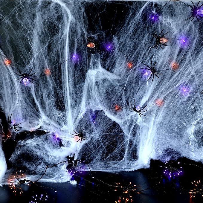 Halloween Decorations Spider Web Lights 8.6ft 30LED Purple Orange Fairy Lights Battery Operated Fall Lights with Remote Timer 8 Modes Net Light for Fall Halloween Outdoor Haunted House Decor