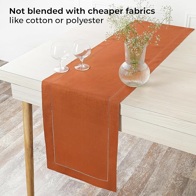 D'Moksha Homes Linen Rust Table Runner 36 Inches - 100% Pure Linen Small Table Runner 14 x 36 Inch Ideal for Dresser, Coffee Tables, Winter, Christmas, Holiday - Classic Hemstitch