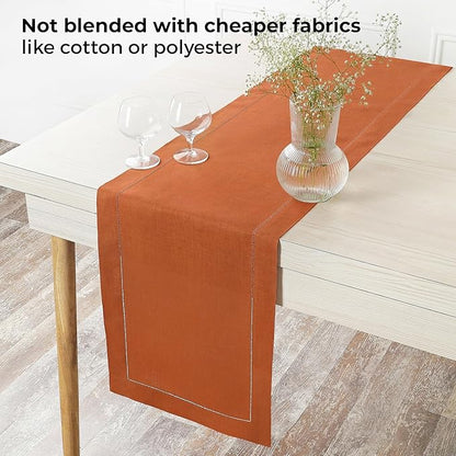 D'Moksha Homes Linen Rust Table Runner 36 Inches - 100% Pure Linen Small Table Runner 14 x 36 Inch Ideal for Dresser, Coffee Tables, Winter, Christmas, Holiday - Classic Hemstitch