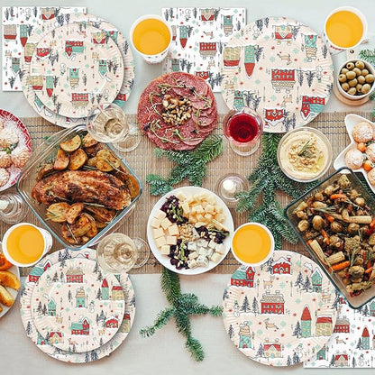 YY 100 Christmas Party Paper Plates Napkins and Cups Set Xmas Village Disposable Dinnerware Set