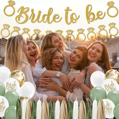Sage Green Bachelorette Party Decorations, Bride to Be banner, Bridal Shower Decorations with Balloons,Bridal Sash, Paper Pompoms for Bachelorette Engagement Party favors