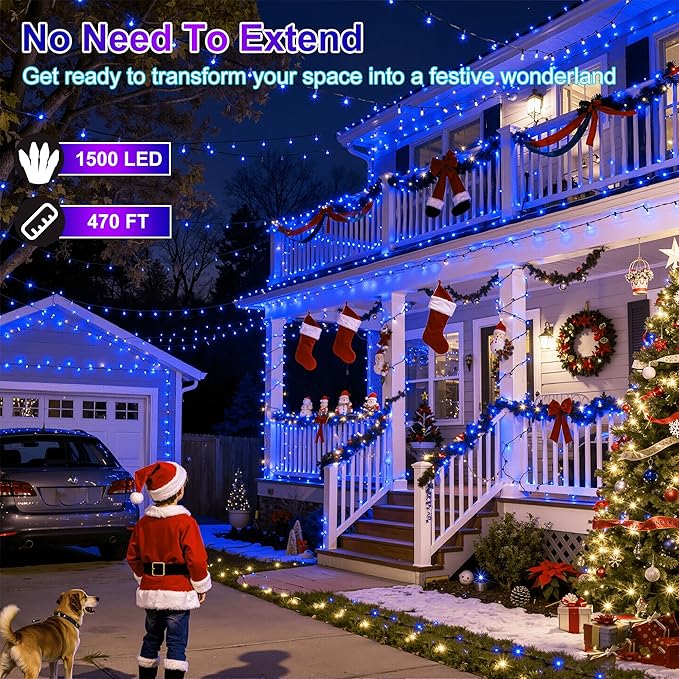 470FT 1500LED Christmas Lights, 12 Modes Blue Outdoor String Lights with Timer & Dimmable, Waterproof Green Wire Christmas String Lights for Indoor Tree Xmas Patio Fence Balcony Garden Party Decor