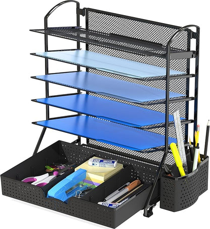 Simple Houseware 6-Tier Desk Document File Tray Organizer with Supplies Sliding Drawer, Black