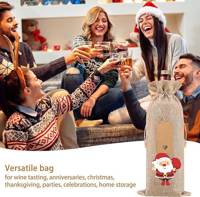 Homum 10 Pcs Christmas Premium Burlap Wine Bags and 10Pcs Gift Tags, Reusable Wine Bottle Gift Bags with Drawstrings for Christmas Party, Home Storage, 750mL