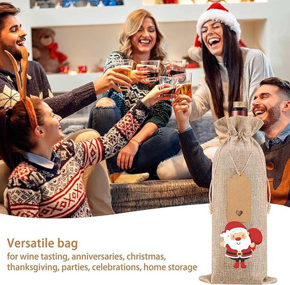 Homum 10 Pcs Christmas Premium Burlap Wine Bags and 10Pcs Gift Tags, Reusable Wine Bottle Gift Bags with Drawstrings for Christmas Party, Home Storage, 750mL