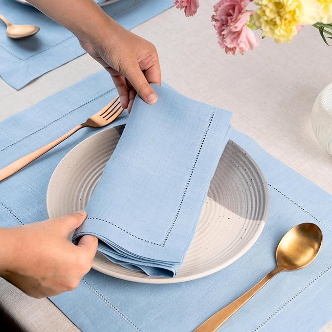 D'Moksha Homes Powder Blue Linen Napkins Set of 8 - Classic Hemstitch 100% Pure Linen Dinner Napkins Cloth 20 x 20 Inch for Winter, Christmas, Holiday - Handcrafted and Machine Washable