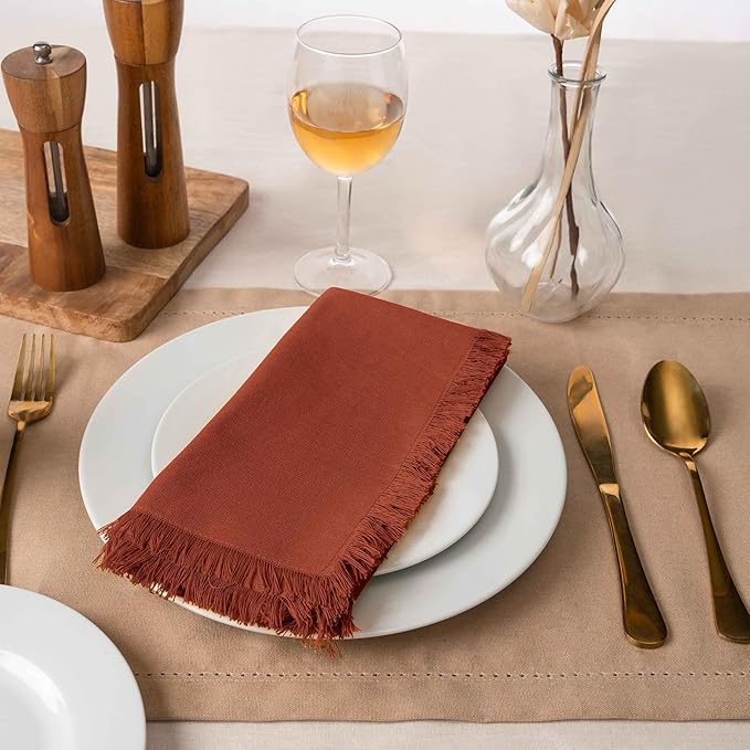 Blue Needles Handmade Cotton Linen Cloth Napkins with Fringes - Set of 6 Rust Dinner Table Napkins 18x18 Inch Hemmed Edges Washable, Soft, Reusable, Perfect for Fall Thanksgiving & Family Dinner