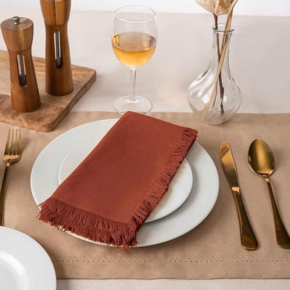 Blue Needles Handmade Cotton Linen Cloth Napkins with Fringes - Set of 6 Rust Dinner Table Napkins 18x18 Inch Hemmed Edges Washable, Soft, Reusable, Perfect for Fall Thanksgiving & Family Dinner