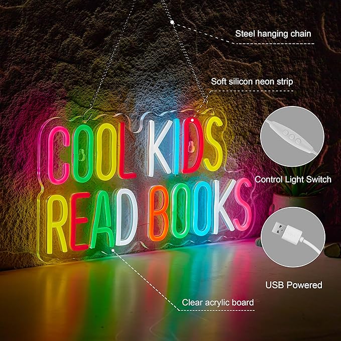 Cool Kids Read Books Neon Sign for Classroom Wall Décor Dimmable LED Neon Light USB Powered Neon Art Signs Decor