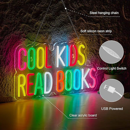 Cool Kids Read Books Neon Sign for Classroom Wall Décor Dimmable LED Neon Light USB Powered Neon Art Signs Decor