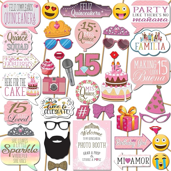 Quinceanera Photo Booth Props - 41-pc Photobooth Kit with 8 x 10-Inch Sign, 60 Adhesive Pads, 45 Sticks - Sweet 15 Photo Booth Props - Decoracion para 15 Años Quinceañeras