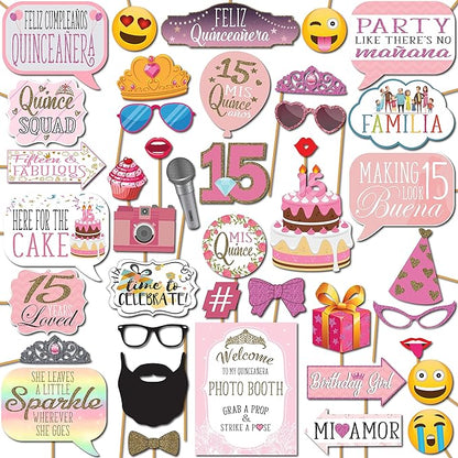 Quinceanera Photo Booth Props - 41-pc Photobooth Kit with 8 x 10-Inch Sign, 60 Adhesive Pads, 45 Sticks - Sweet 15 Photo Booth Props - Decoracion para 15 Años Quinceañeras