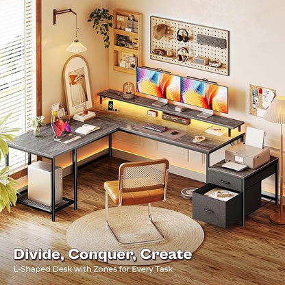 PRAISUN 66" L Shaped Gaming Desk with LED Lights & Power Outlets, Computer Desk with Fabric Drawers and Print Stand, Corner Office Desk, Monitor Stand, Mesh CPU Stand, Grey