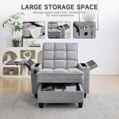 41.7" Oversized Chaise Lounge Chair Indoor, Boucle Upholstered Sofa Bed with Adjustable Backrest, Deep Seat Reading Chair, Sofas Couches for Living Room, Storage, Cup Holders & 360° Swivel Side Table