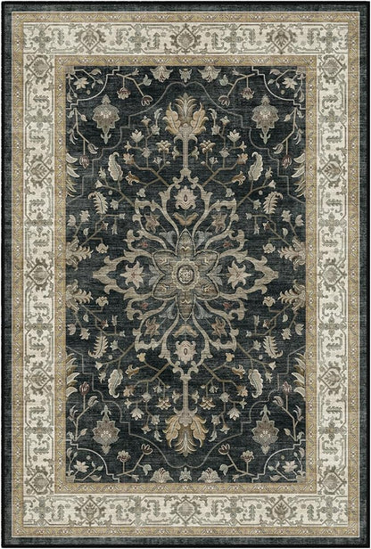 Area Rugs Round 4ft Washable Non-Slip, Floral Vintage Distress Print Pattern Medallion Carpet for Living Room Bedroom Dining Room, Vintage Black Brown Neutral