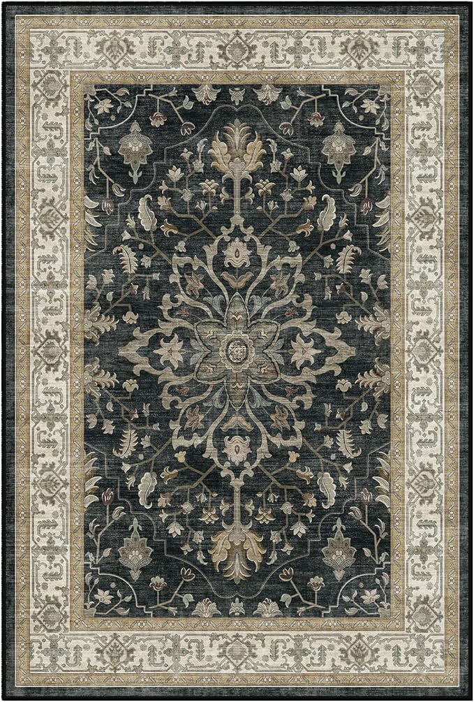 Area Rugs Round 6ft Washable Non-Slip, Floral Vintage Distress Print Pattern Medallion Carpet for Living Room Bedroom Dining Room, Vintage Black Brown Neutral