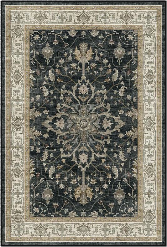 Area Rugs Round 6ft Washable Non-Slip, Floral Vintage Distress Print Pattern Medallion Carpet for Living Room Bedroom Dining Room, Vintage Black Brown Neutral